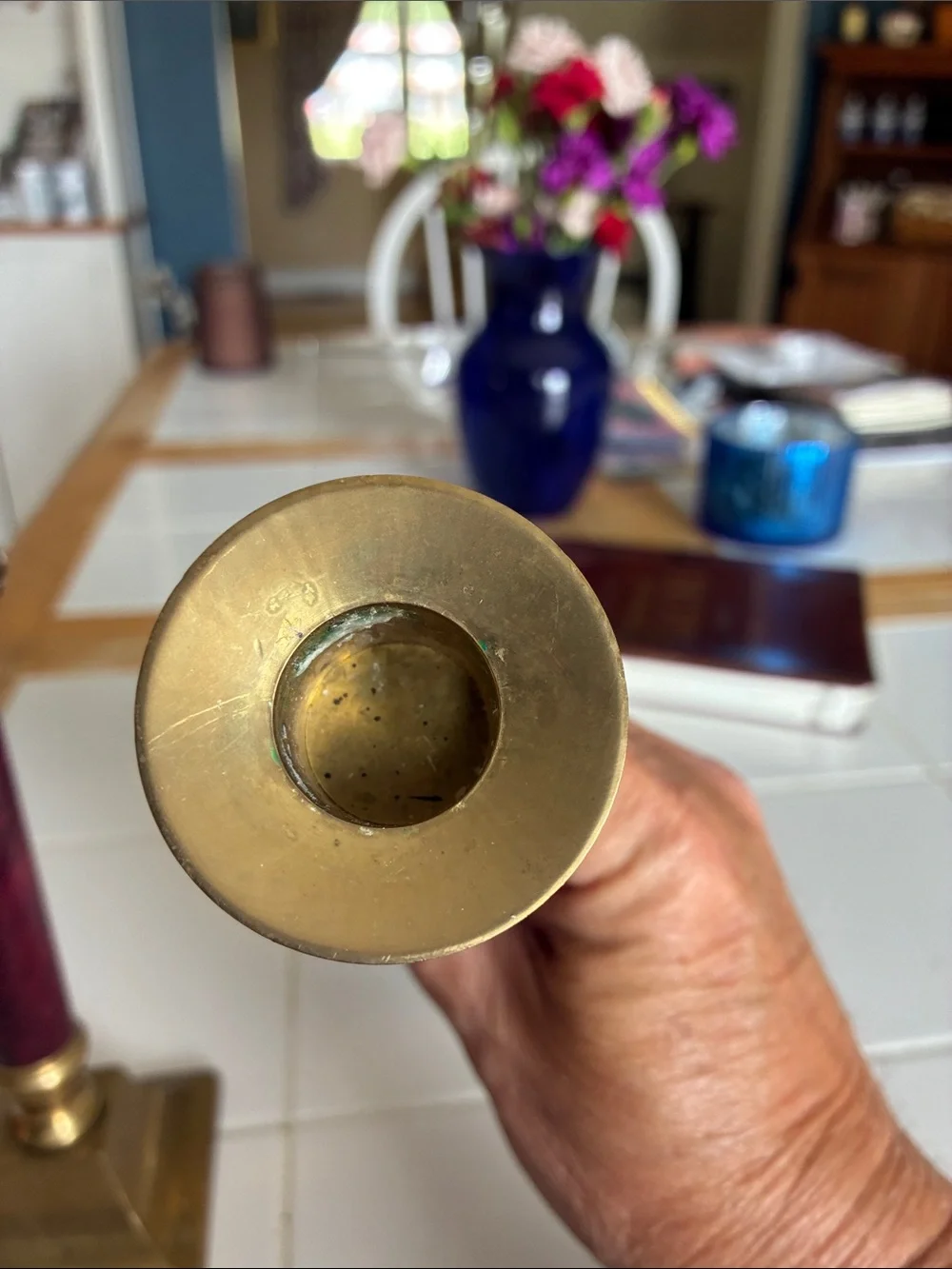 Brass and Burgundy Home Accents Candlestick Pair